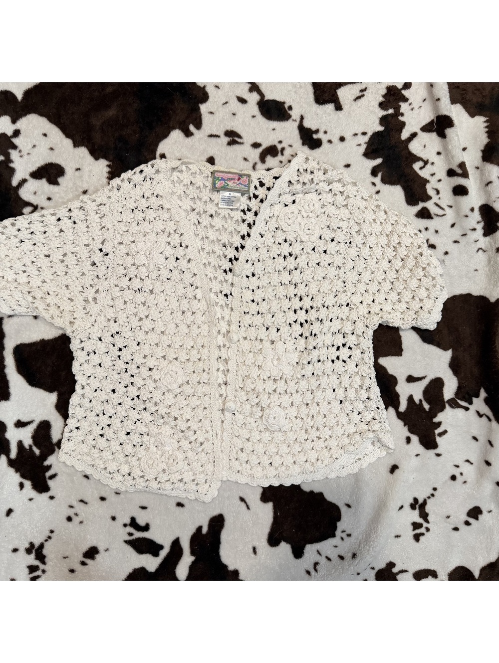 April Cornell White Crochet Floral Cardigan Sweater Cotton‎ Boho Cottagecore